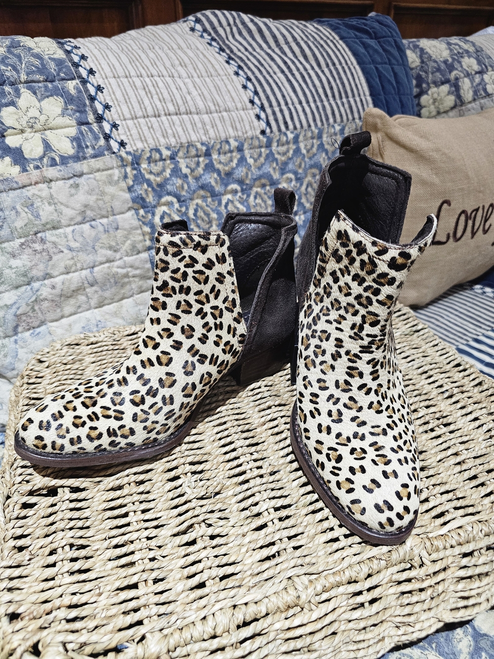 Women's Calf Hair Leopard Print Chelsea Ankle Booties - Black & Tan